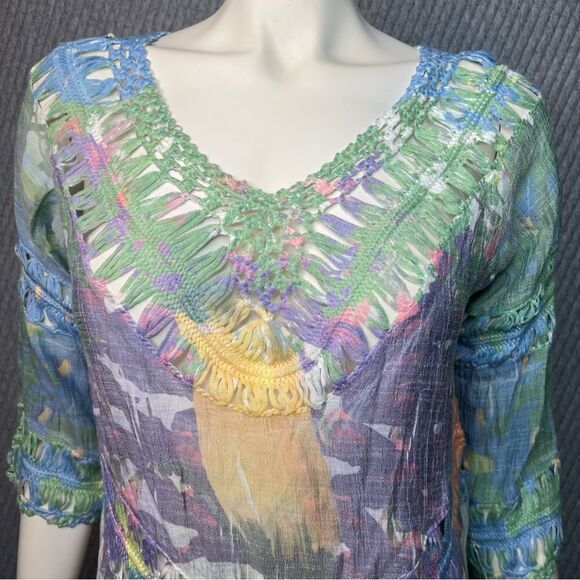 RAIN Crochet Multi-colored Tunic Top Size Small Bohemian Spring 3/4 Sleeve - Picture 2 of 11